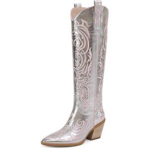 Women Pu Silver Knee High Pointed Toe Block Heel Cowboy Western Embroidered Boot